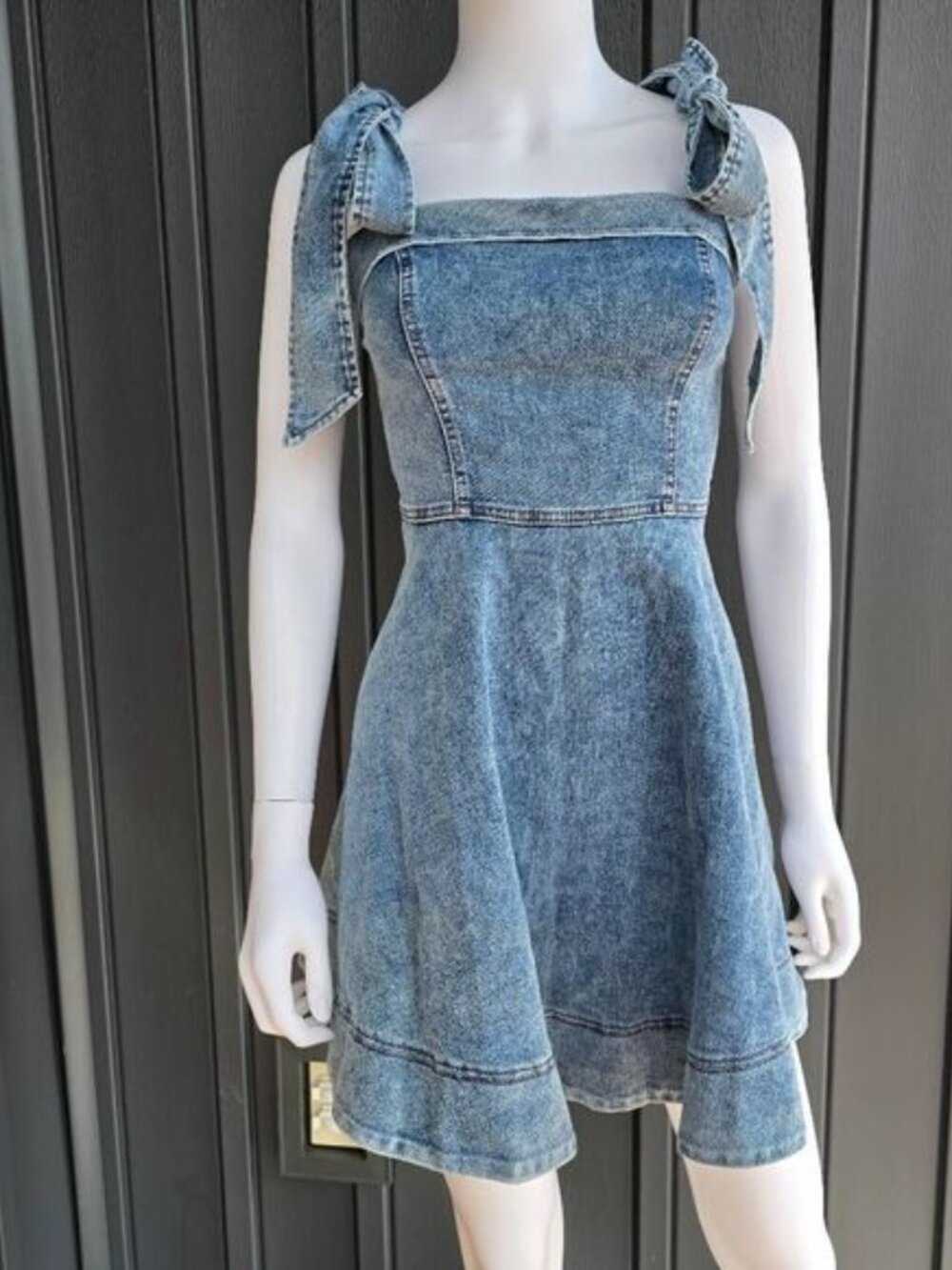 Jeanie Bow Shoulder Mini Dress Denim - Sz.14/XL